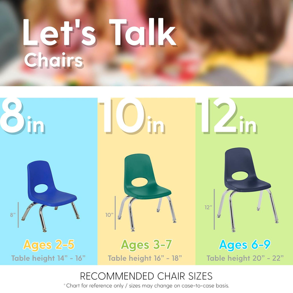 FDP 10" School Stack Chair, Stacking Student Seat with Chromed Steel Legs and Nylon Swivel Glides for in-Home Learning or Classroom - Blue (4-Pack), 13227-BL