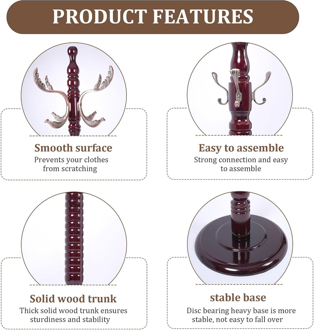 Wooden Coat Rack Free Standing 20 Metal Hooks, Vintage Coat Rack Stand for Entryway, Adjustable Height 73", Heavy Duty Coat Tree with Solid Round Base for Home Bedroom, Office(Walnut-m)