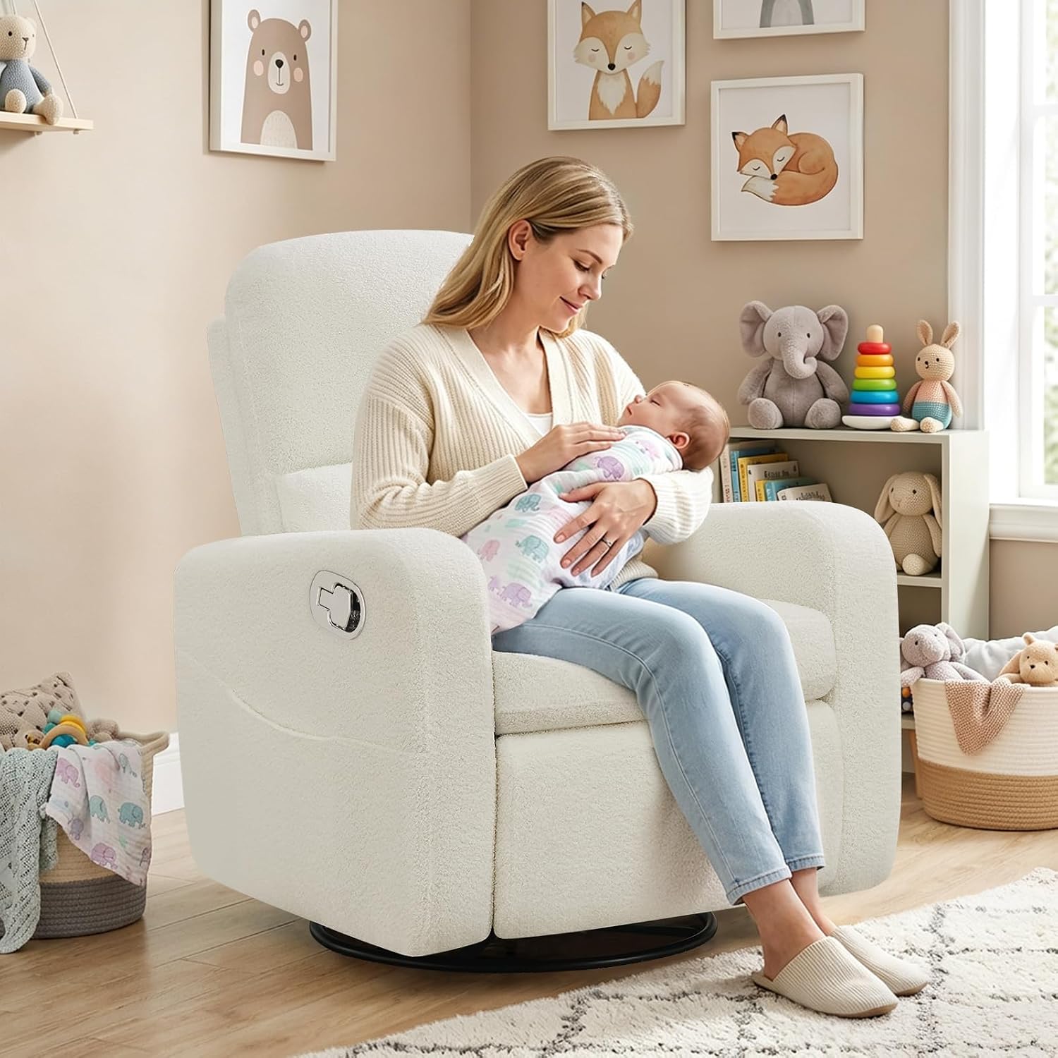 Manual Swivel Rocker Recliner, Swivel Glider Nurseryc Recliner Chair with Lumbar Support, Upholstered Rocking Recling Chairs for Adults Nursery, Living Room, Bedroom, Teddy White