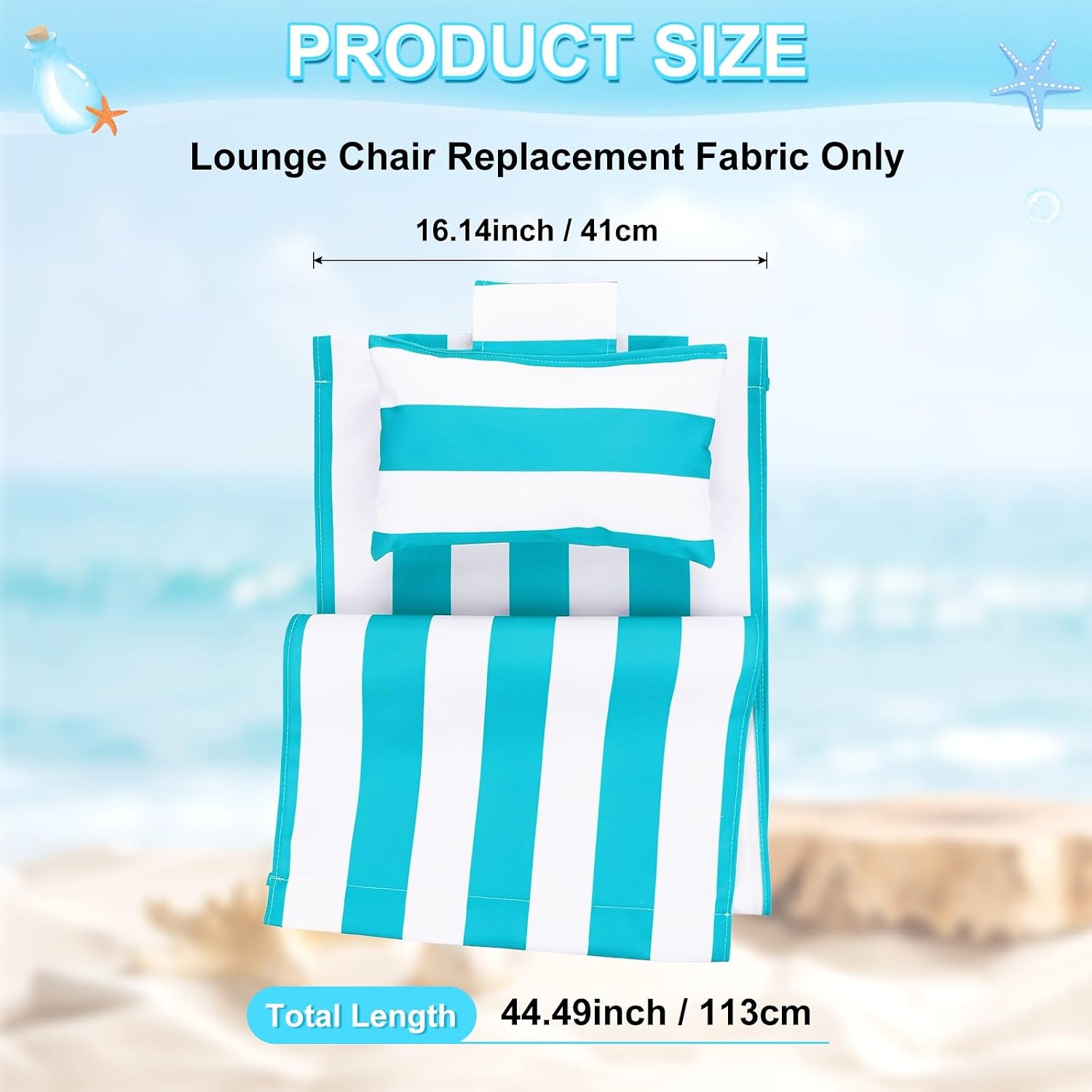 Beach Sling Chair Replacement Canvas, 16x44.5 Inch Folding Lounge Chair Fabric with Pillow for Beach/Sunbathing/Courtyard/Garden [Striped Sky Blue, Only Replacement]
