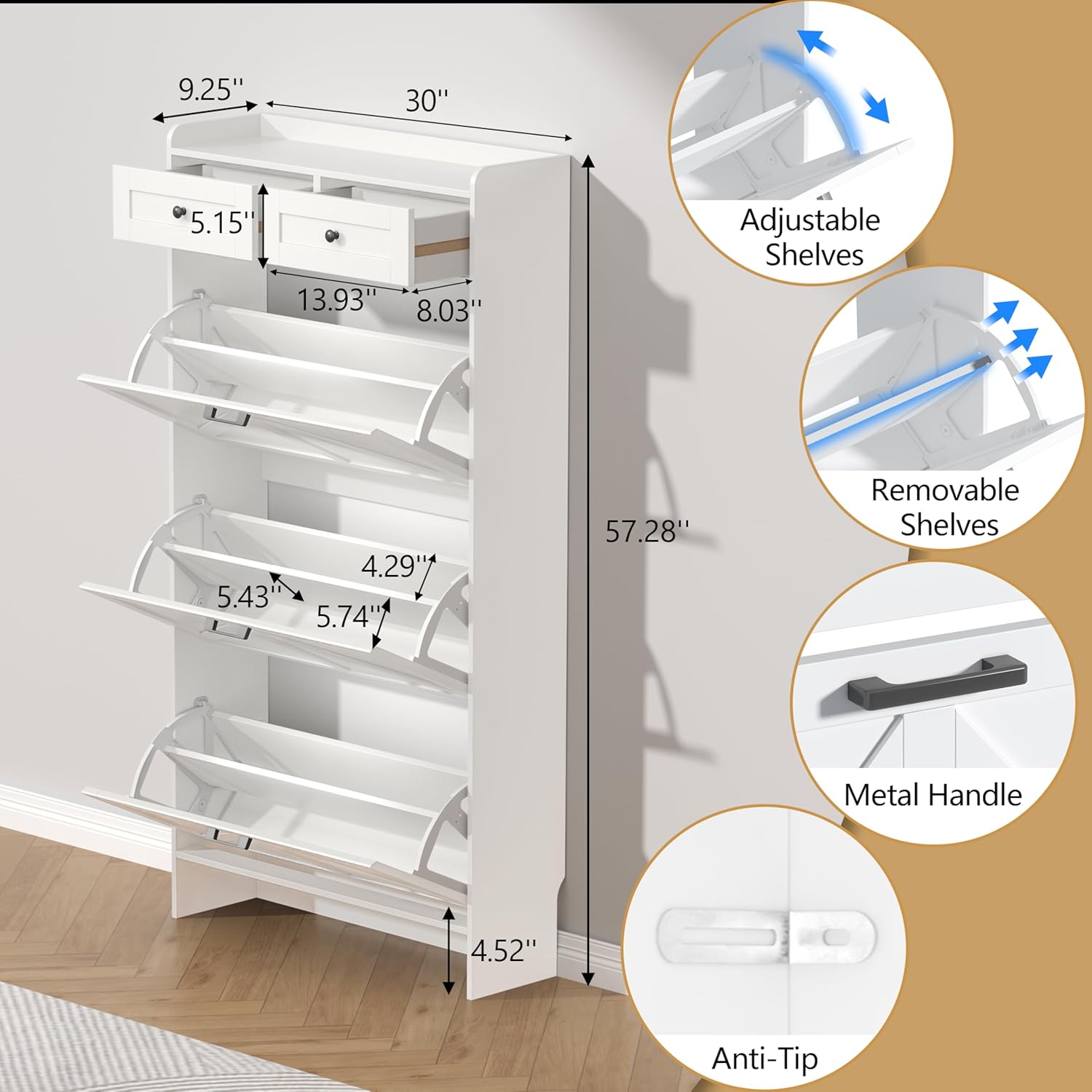 Thacuok Shoe Cabinet with 3 Flip Drawers & 2 Storage Drawers, Rustic Farmhouse Narrow Shoe Organizer Cabinet, Slim Shoe Rack Cabinet, Shoe Storage Cabinet for Entryway, Hallway, Front Door