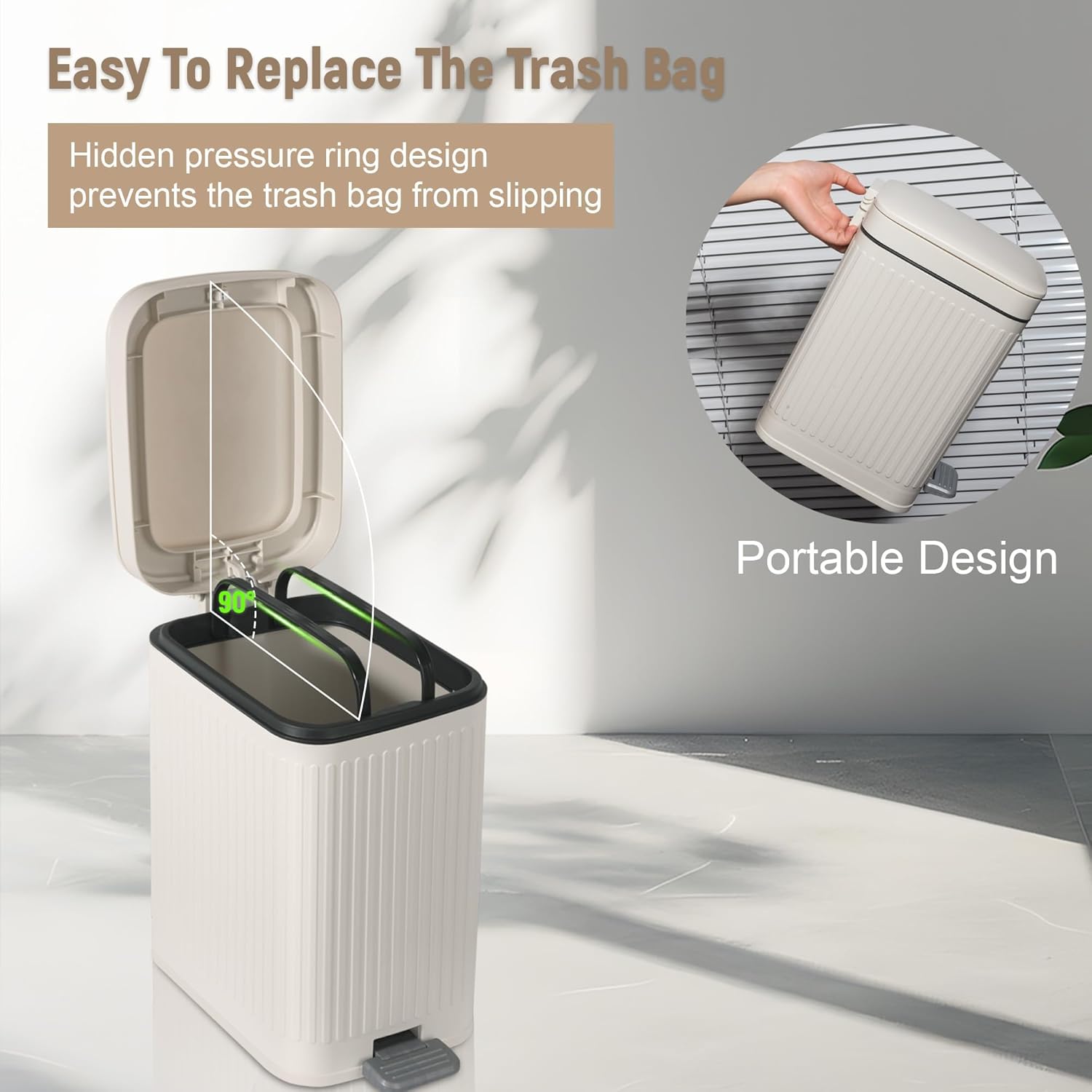 rejomiik Small Bathroom Trash Can with Lid Slim Soft Close Garbage Can Step Wastebasket Container Trash Bin for Office Bedroom Kitchen Living Room (1.9 Gallon Cream)