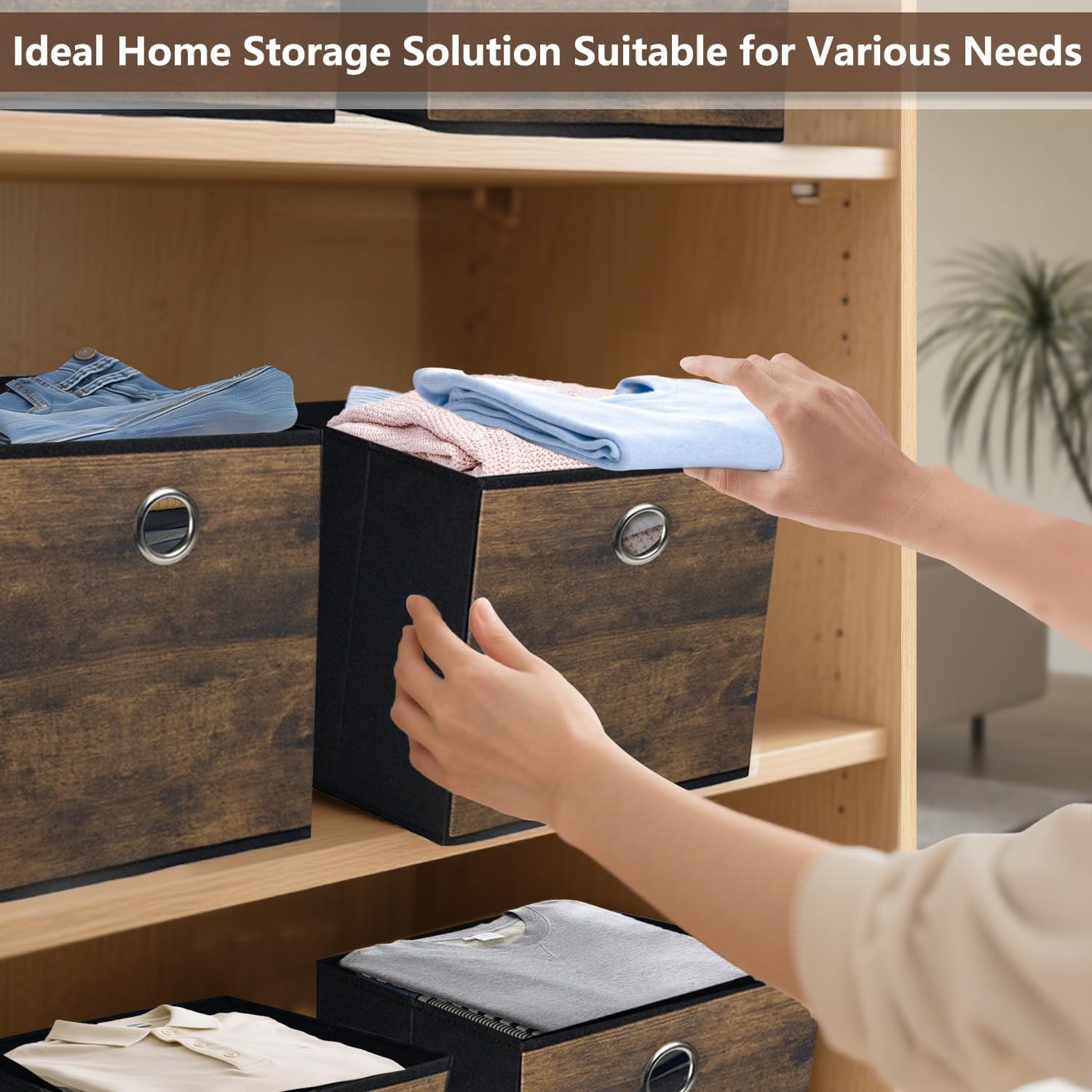 Thickened Fabric Cube Storage Bins with Wood Look,Decorative Storage Cubes Foldable Box,Sturdy Cube Organizer Basket for Shelves,Closet,Home,Office, Nursery,Dorm,Brown with Black,3 Pack (12x12x12in)