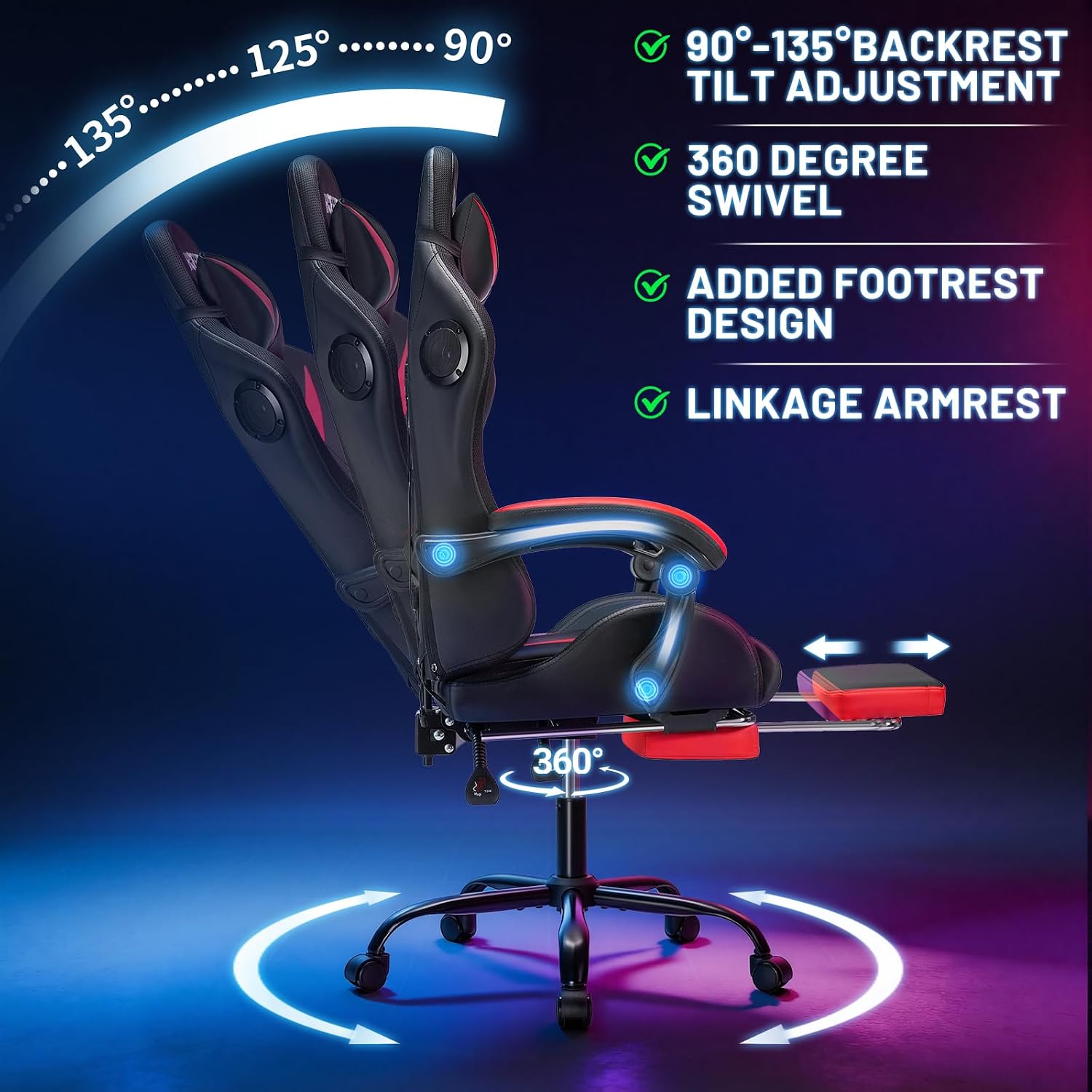 HOFFREE RGB Gaming Chair with Speakers and Massage Ergonomic Computer Chair with Lights and Footrest Reclining Video Game Chairs for Adults Red and Black