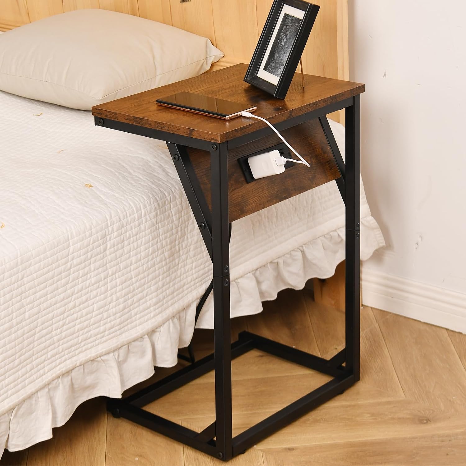 C-Shaped Side Table & End Table, Built-in Power Station (2 AC Outlets, 2 USB Ports) - Slide-in Design Sofa/Bedroom TV Tray, 15"x11"x23" Wood Top & Black Metal Frame