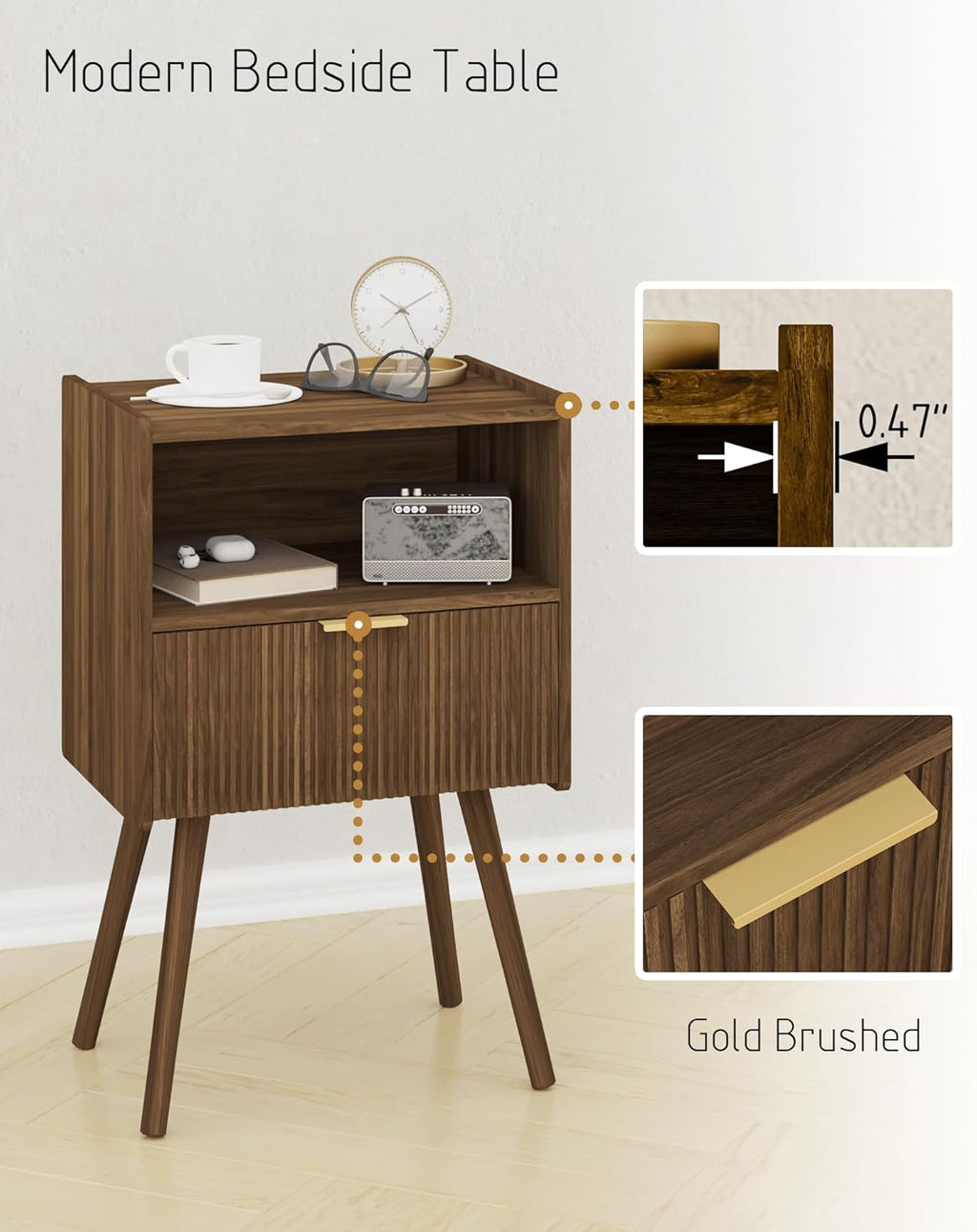 JOONEE Nightstand,Modern Bedside Table with Storage Drawer and Open Wood Shelf, for Living Room, Bedroom and Small Spaces, Accent Night Stand with Solid Wood Legs, Easy Assembly,Walnut Brown