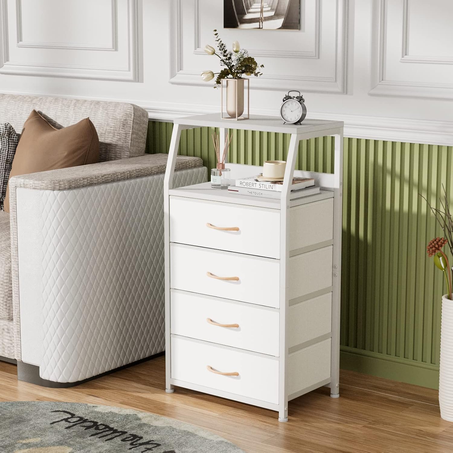 Furnulem Tall Nightstand with 4 Fabric Drawers, Small Dresser for Bedroom | White Dorm Bedside Table , Dresser for Closet, Storage Drawer for Living Room, Entryway, Furniture, Metal Frame, Wood Top