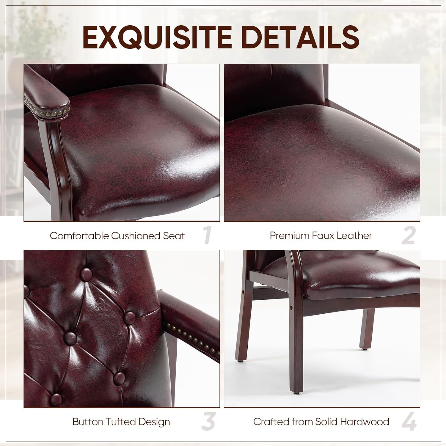 Leather Office Guest Chairs Set of 2, Ergonomic Waiting Room Chair with Arms Reception Chairs No Wheels Conference & Meeting Side Chairs Executive Furniture (Burgundy)