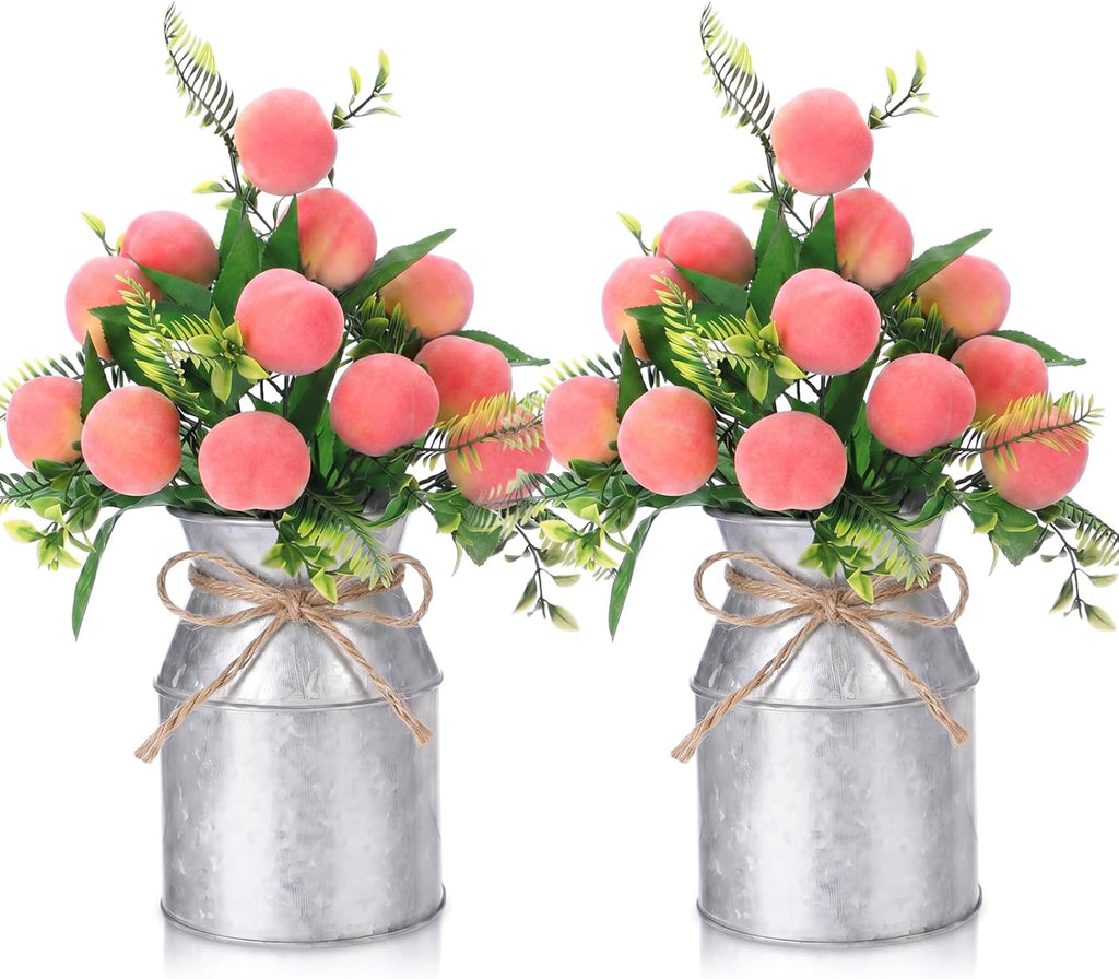 Hotop 2 Sets Artificial Peach Branches with Flower Vases 16.14'' Realistic Artificial Peach Fruits Bouquet with Green Leaves Fruit Flower Arrangement for Home Baby Shower Party Farmhouse Table Decor
