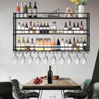 Wall Mounted Wine Rack, Floating Industrial Liquor Glass Holder 3 Tiers, Large Metal Wine Bottle Display Rack Hanging Shelf, for Home Bar Dining Room Decorative (Black, 70.86x35.43x9.84in)
