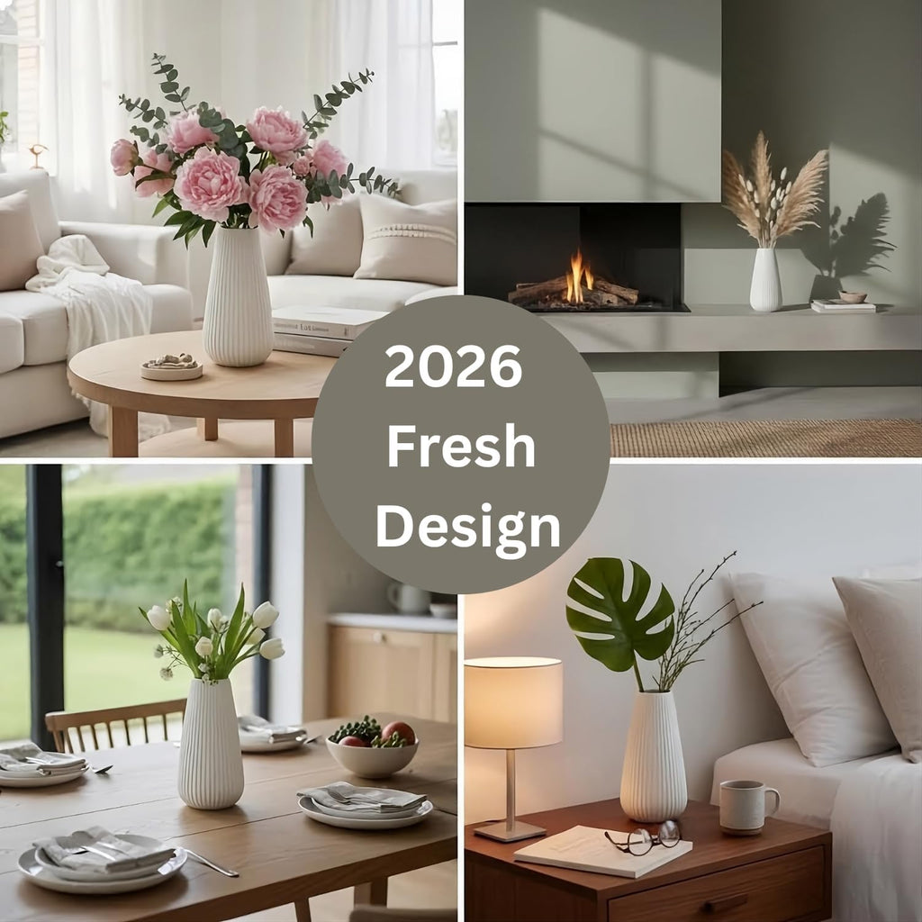 Luxury White Ceramic Vase, 8 Inch Modern Ribbed Fluted Design, Flower Vase for Home Decor, Cute Vase for Pampas Grass, Living Room, Dining Table, Farmhouse, Office, Bedroom, Kitchen Shelf
