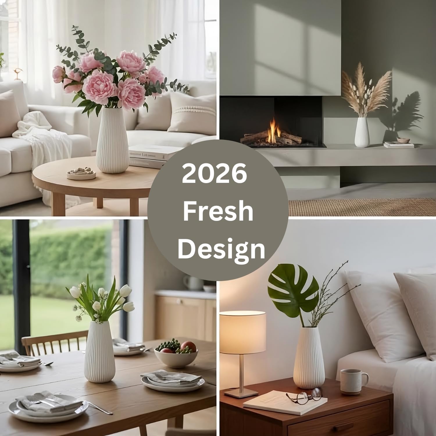 Luxury White Ceramic Vase, 8 Inch Modern Ribbed Fluted Design, Flower Vase for Home Decor, Cute Vase for Pampas Grass, Living Room, Dining Table, Farmhouse, Office, Bedroom, Kitchen Shelf