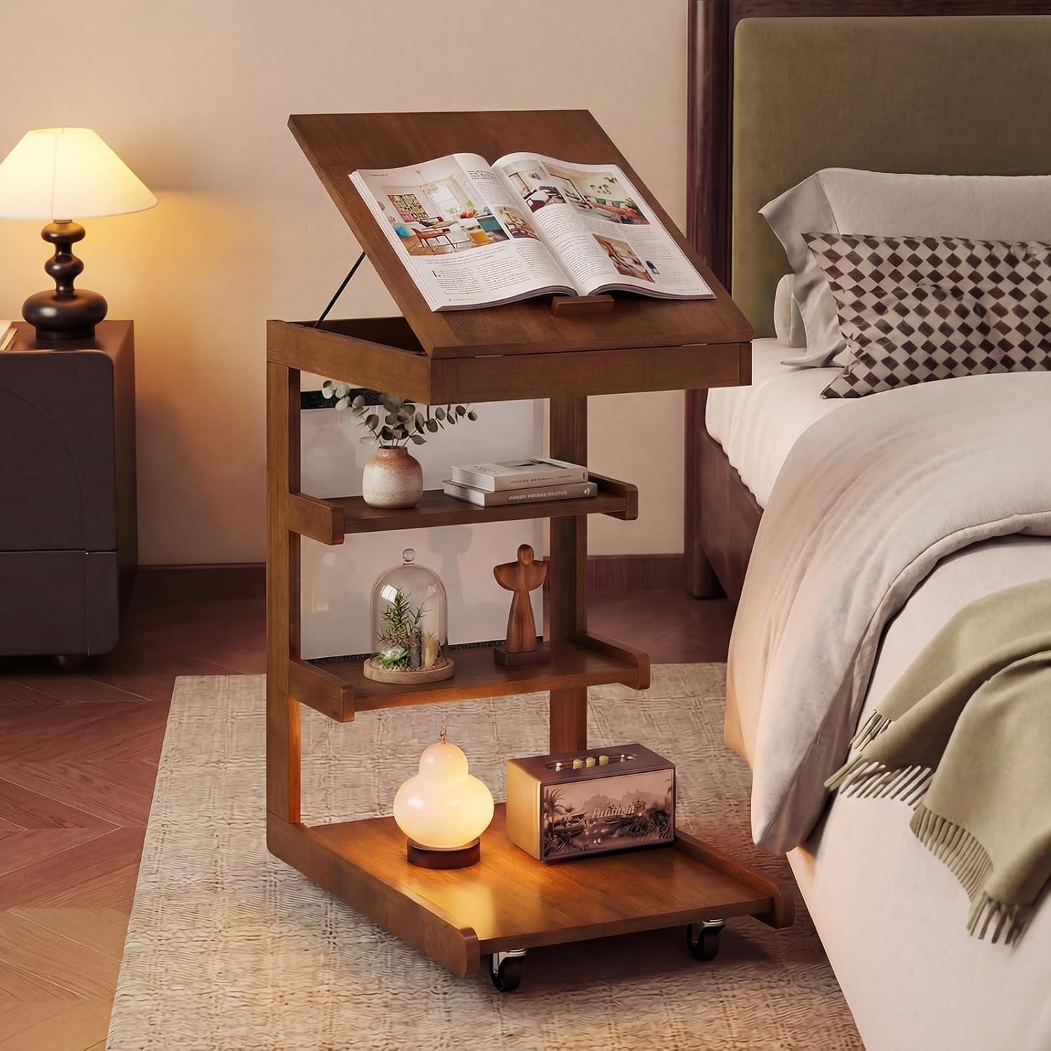 Byroce C Shaped End Table, Rolling Side Table with Adjustable Desktop, 4 Lockable Wheels, Storage Shelves & Edge Stopper, Modern Couch Tray Table for Sofa, TV, Living Room, Bedroom & Office (Brown)