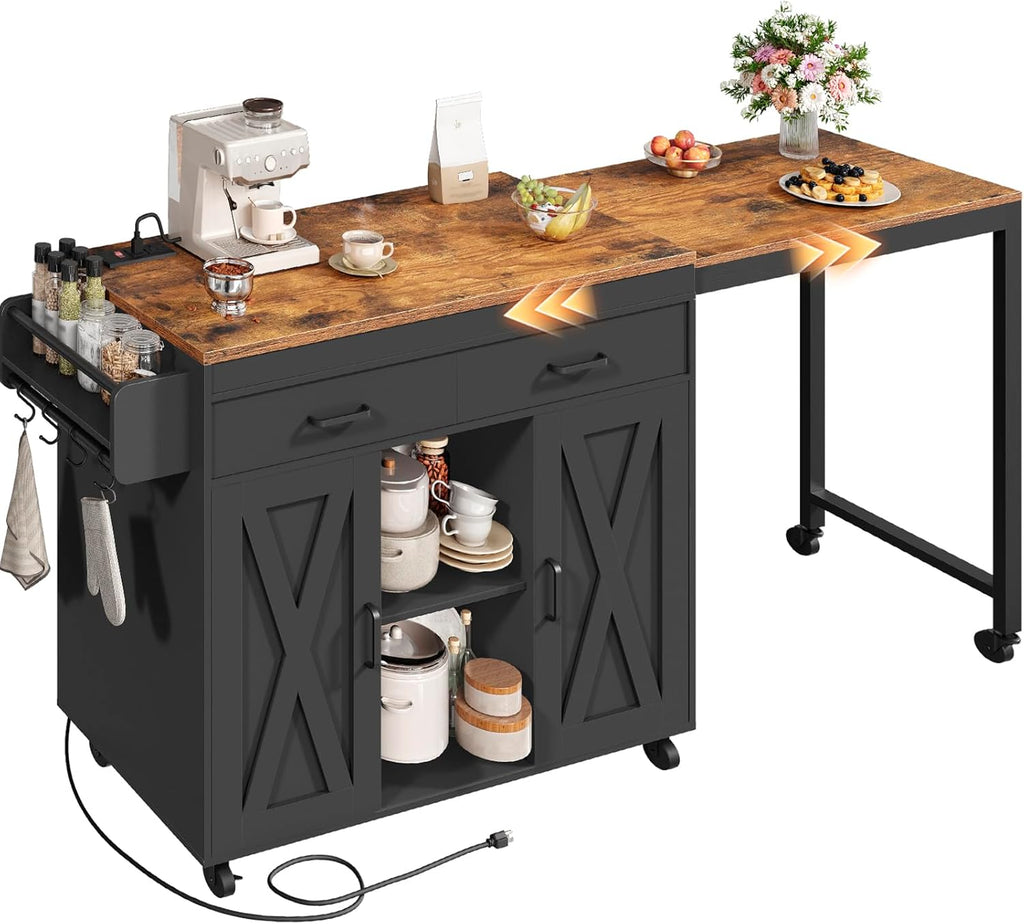 YATINEY Extendable Kitchen Island, Large Mobile Kitchen Storage Island, Rolling Kitchen Cart with Outlets, Island Table for Kitchen, Rustic Brown ZD03UBR