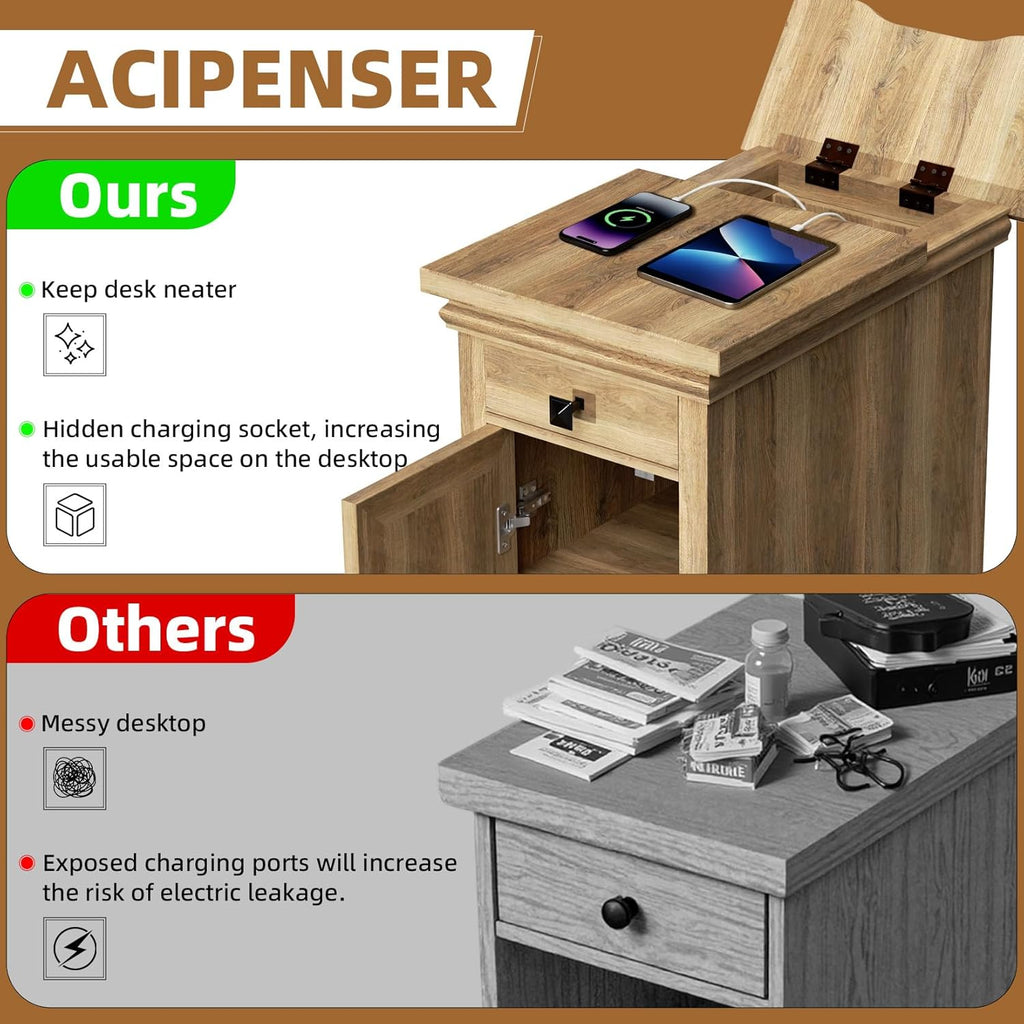 Farmhouse End Table with Charging Station, Rustic Wooden Nightstand with USB Ports and Outlets, Storage Drawer and Cabinet, Narrow Side Table for Living Room, Natural
