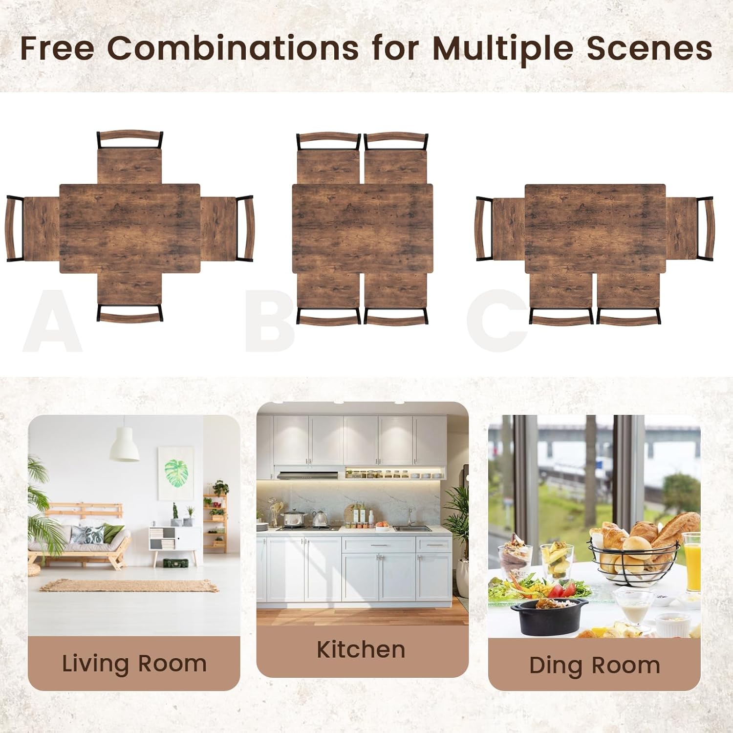 GOFLAME 5-Piece Dining Table Set, Industrial Kitchen Table and Chairs for 4 with Backrest and Metal Frame, Rectangular Space-Saving Dinette Set for Dining Room, Apartment, Small Space, Rustic Brown
