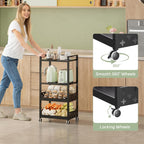 Adjustable 4 Tier Rolling Cart Metal Utility Carts with Lockable Wheels Rolling Storage Cart for Kitchen Bathroom Office Bar Microwave Laundry Snack Coffee Craft Organizer Black