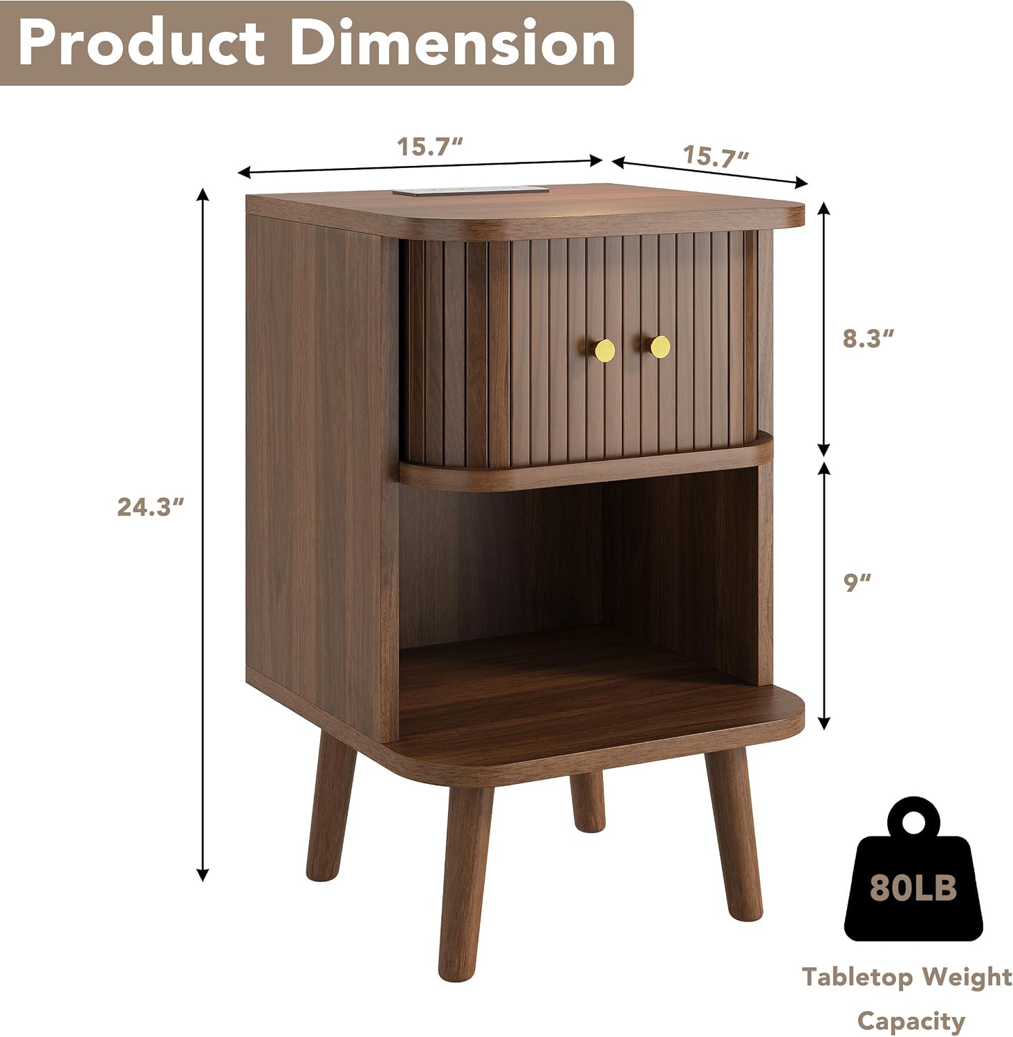 Decofy Mid Century Modern Nightstand Set of 2 with Charging Station, Walnut | Fluted Beside Table with Tambour Sliding Door & Open Shelf, End Table with Curved Corners Design, Wood Nightstand for Bedroom
