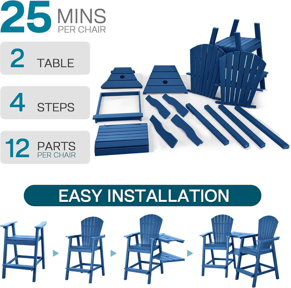 NAVINE Tall Adirondack Chairs Set of 2, HDPE Balcony Chair with Double Connecting Tray, Weather Resistant Outdoor Adirondack Bar Stools for Patio, Deck, Patio, Backyard, Balcony.(Navy Blue)