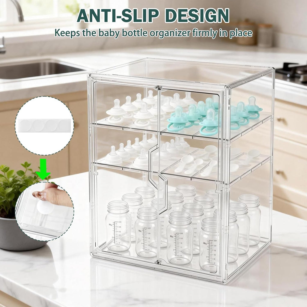 Baby Bottle Organizer, 3-Tier Bottle Storage for Countertop with Double Magnetic Doors, Clear Plastic Bottle Station Organizer Mom Gifts with 2 Dividers for Kitchen, Bathroom, Cabinet, Vanity