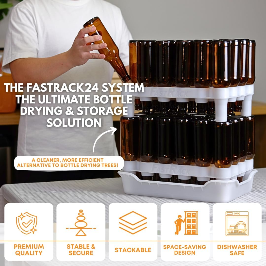 FASTFERMENT - 24-Bottle Drying Rack & Tray| Bottle Drying Tree Alternative | Dry & Store your Wine or Bomber/Belgian Bottles | Stackable | White | Dishwasher Safe | Home Brewing Supplies