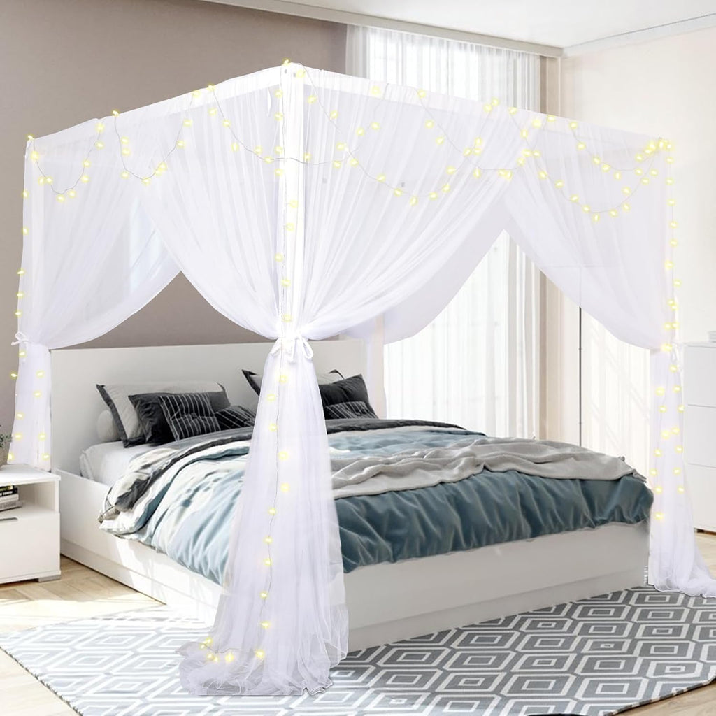 tupi Canopy Bed Curtains for King Size Bed, 100% Polyester Breathable Bed Canopy, 4 Corners Post Mosquito Net Canopy for Adults Bedroom Decor-White