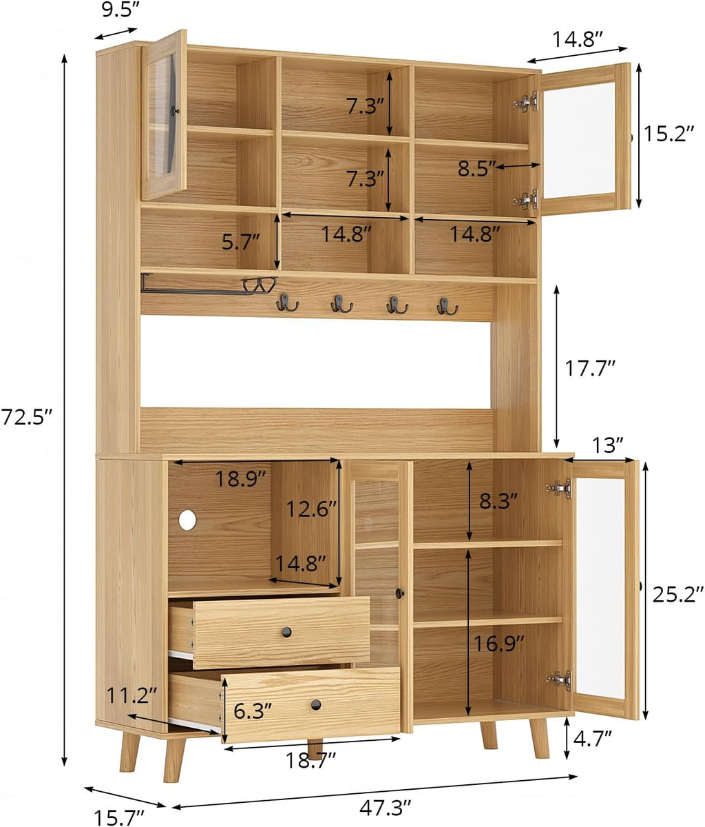 VOWNER Kitchen Hutch Storage Cabinet Microwave Shelf, Freestanding Pantry with 4 Glass Doors and 2 Drawers, Modern Sideboard Buffet Cabinet for Kitchen, Dining Room, Living Room, Wood
