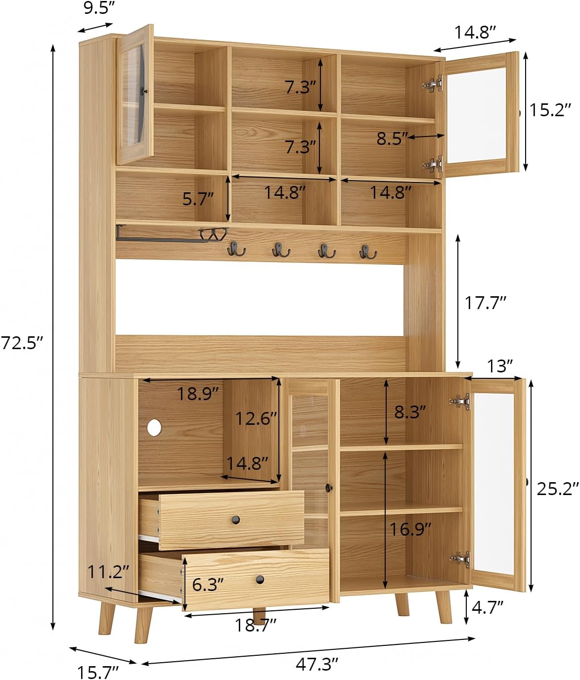 VOWNER Kitchen Hutch Storage Cabinet Microwave Shelf, Freestanding Pantry with 4 Glass Doors and 2 Drawers, Modern Sideboard Buffet Cabinet for Kitchen, Dining Room, Living Room, Wood
