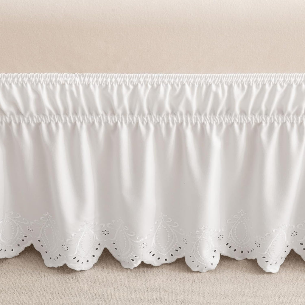 Eyelet Bed Skirt, Ruffled Design, 15 Inch Drop, Embroidered Scalloped Edge, Soft and Stylish, Easy On/Off Dust Ruffle (White,Full 54"x75")