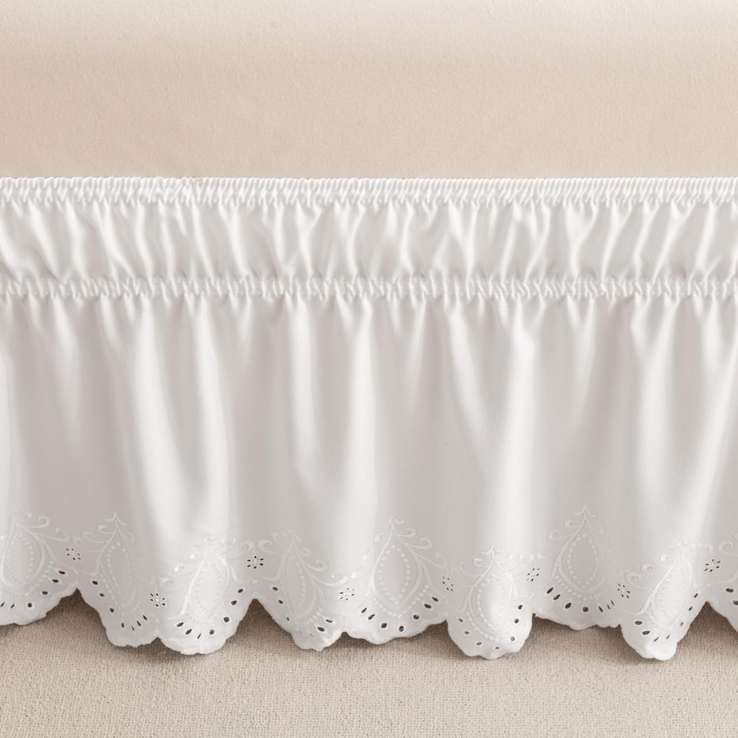 Eyelet Bed Skirt, Ruffled Design, 15 Inch Drop, Embroidered Scalloped Edge, Soft and Stylish, Easy On/Off Dust Ruffle (White,Full 54"x75")