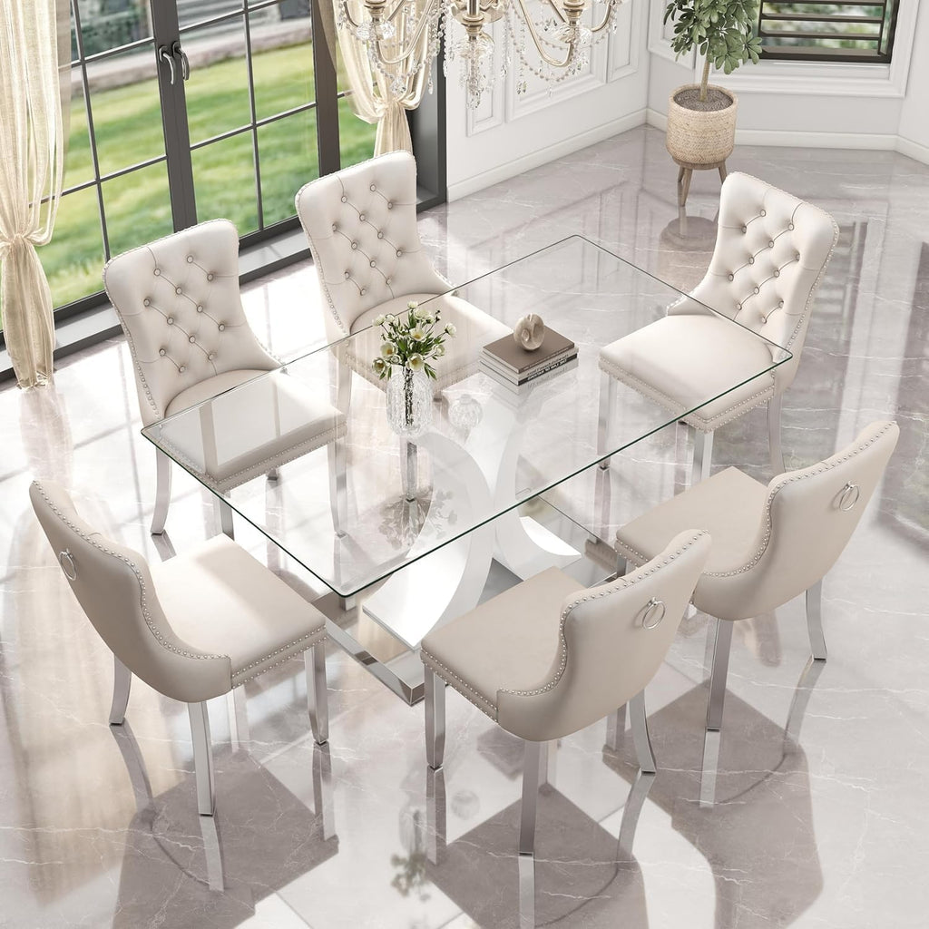 7-Piece Modern Luxury Glass Dining Set, Large Minimalist Rectangle Dinner Set for 6, 63'' Clear Glass Top Kitchen Table Set with White & Silver Base, Beige Tufted Chairs, for Apartment Home