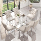7-Piece Modern Luxury Glass Dining Set, Large Minimalist Rectangle Dinner Set for 6, 63'' Clear Glass Top Kitchen Table Set with White & Silver Base, Beige Tufted Chairs, for Apartment Home