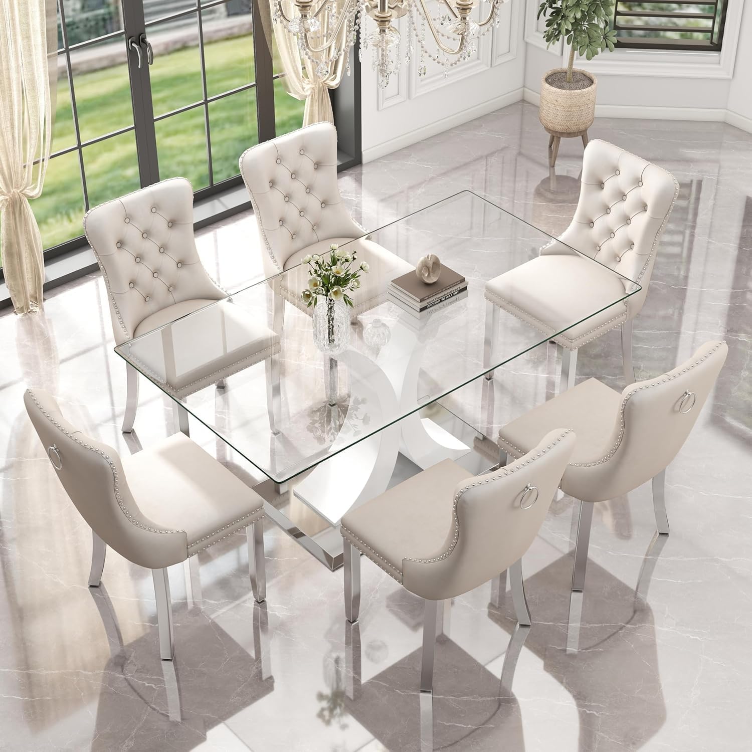 7-Piece Modern Luxury Glass Dining Set, Large Minimalist Rectangle Dinner Set for 6, 63'' Clear Glass Top Kitchen Table Set with White & Silver Base, Beige Tufted Chairs, for Apartment Home