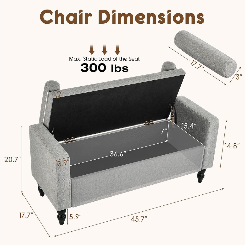 Large Storage Ottoman Bench, 45.7" Linen Upholstered Entryway Bench with Solid Wood Legs, End of Bed Bench, Shoe Bench, Ottoman Storage Chest for Bedroom/Living Room/Entryway,Grey