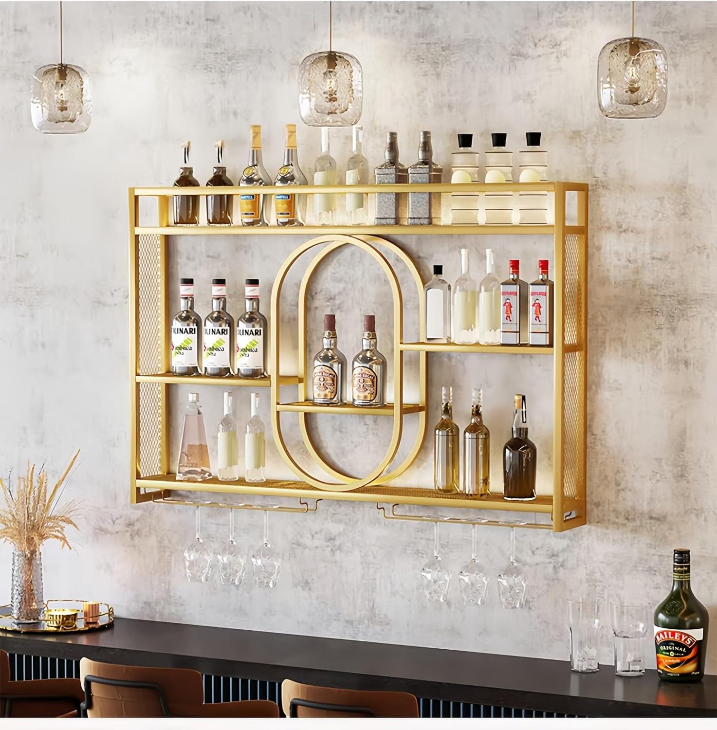 47" Upgrade Metal Wall Mounted Wine Rack, 3 Tier Bar Shelves with Glass Holder, Large Capacity Modern Liquor Shelves for Home Bar, Dining Room & Kitchen, Gold