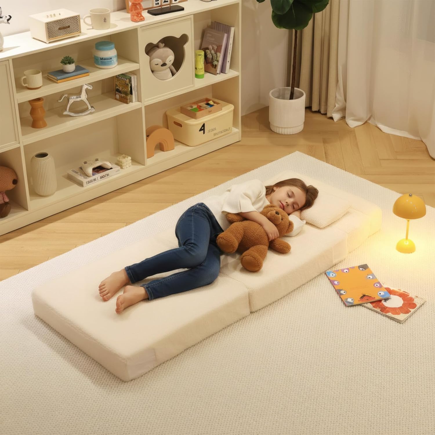 Tiita Convertible Folding Kids Sofa Bed with Pillow & Storage Bag, Plush Fabric Floor Mattress Couch Bed, Washable Cover, Kids Room, Playroom, Dorm, Apartment, Beige