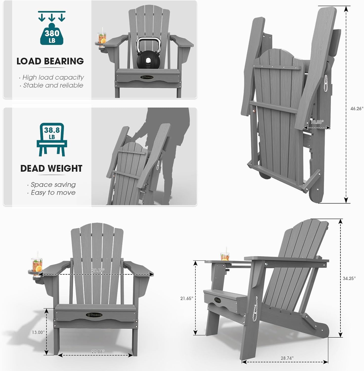 THOEOE Folding Adirondack Chair,HDPE All-Weather Outdoor Chair with Cup Holder,Wooden Textured,Fire Pit Chair,Plastic Patio Chair for Deck,Backyard,Garden,Lawn, Grey