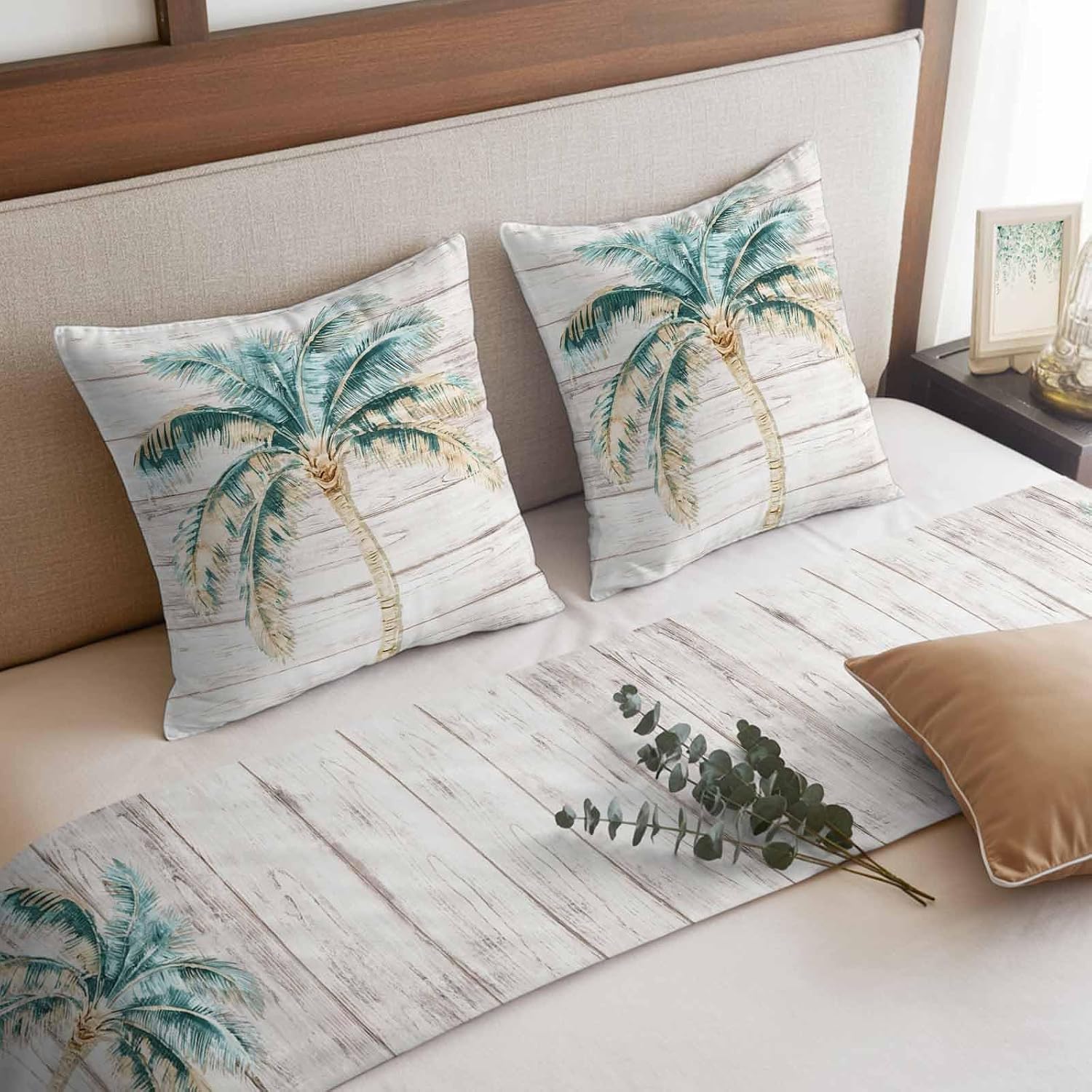 Beige Palm Trees Bed Runners for Full/Queen Size Bed, Summer Tropical Coastal Wooden Bedroom Hotel Wedding Room Bedding Scarf Protector Beds Scarves Throw for Foot and Pillowcase Set 18x18in