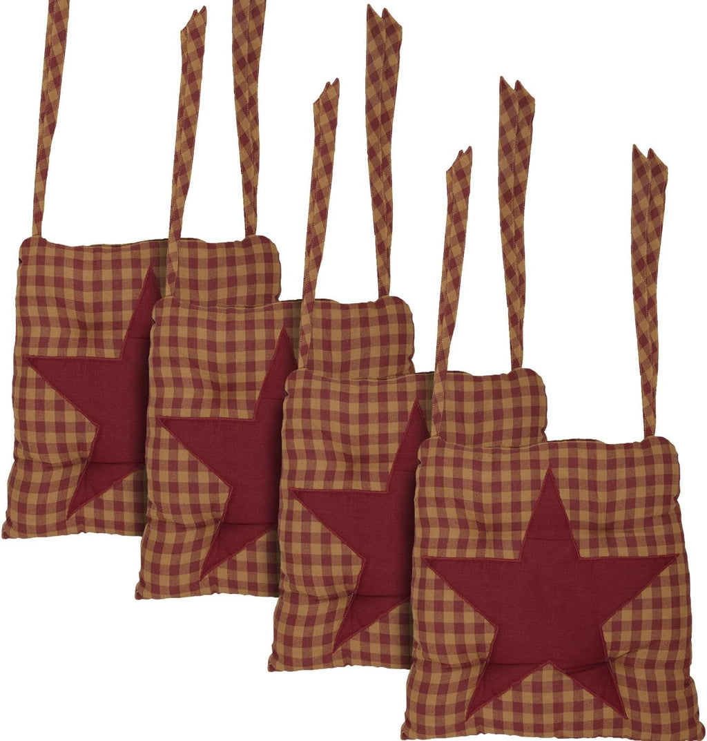 VHC Brands 14"x14" Chair Cushion for Small Dining Chairs with Ties, Burgundy Tan Star Check Plaid, Primitive Farmhouse Indoor Kitchen Seat Cushion, Set of 4
