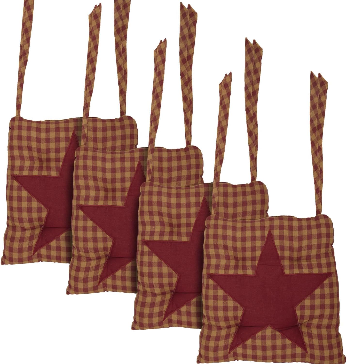 VHC Brands 14"x14" Chair Cushion for Small Dining Chairs with Ties, Burgundy Tan Star Check Plaid, Primitive Farmhouse Indoor Kitchen Seat Cushion, Set of 4