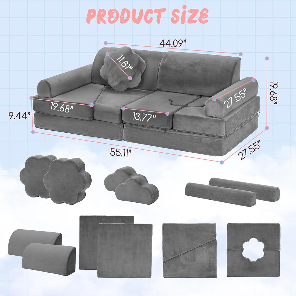 Modular Play Sofa 14-Piece Foam DIY with Washable Velvet Cover 100% Stain Removal Easy Assembly for Active Playroom Seating and Creative Space Design