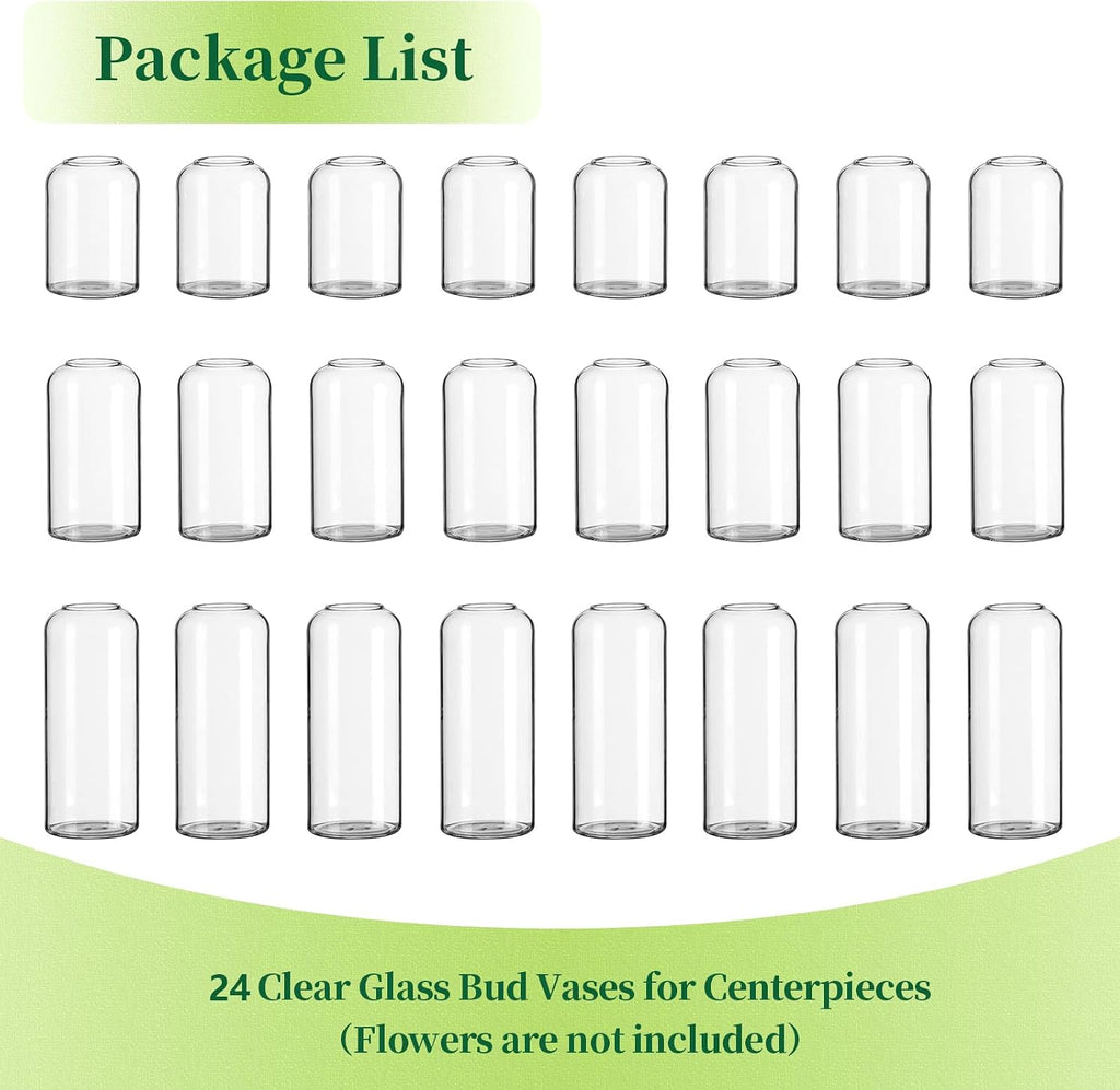 Hewory Glass Bud Vases for Flowers: Blown Modern Small Glass Vases for Centerpieces Set of 24, Mini Clear Bulk Flower Vases for Wedding Party Events Home Decor Floral Arrangements (Not Include Flower)