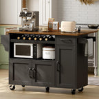 RALGEND Rolling Kitchen Island Cart with Drop Leaf & Power Outlet, Mobile Kitchen Island on Wheels, Island Table with Storage Cabinet, Microwave Shelf & Wine Rack for Kitchen, Black & Rustic Brown