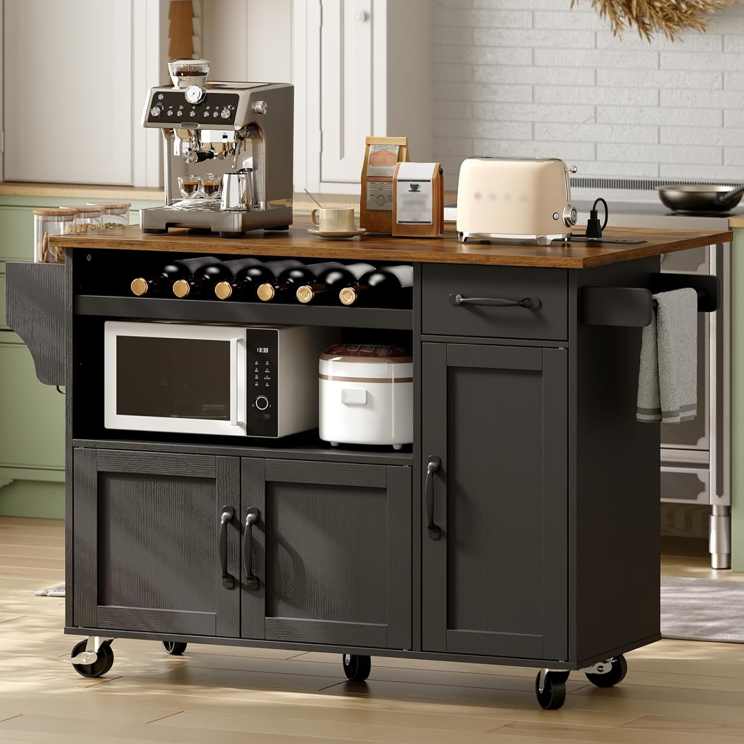 RALGEND Rolling Kitchen Island Cart with Drop Leaf & Power Outlet, Mobile Kitchen Island on Wheels, Island Table with Storage Cabinet, Microwave Shelf & Wine Rack for Kitchen, Black & Rustic Brown