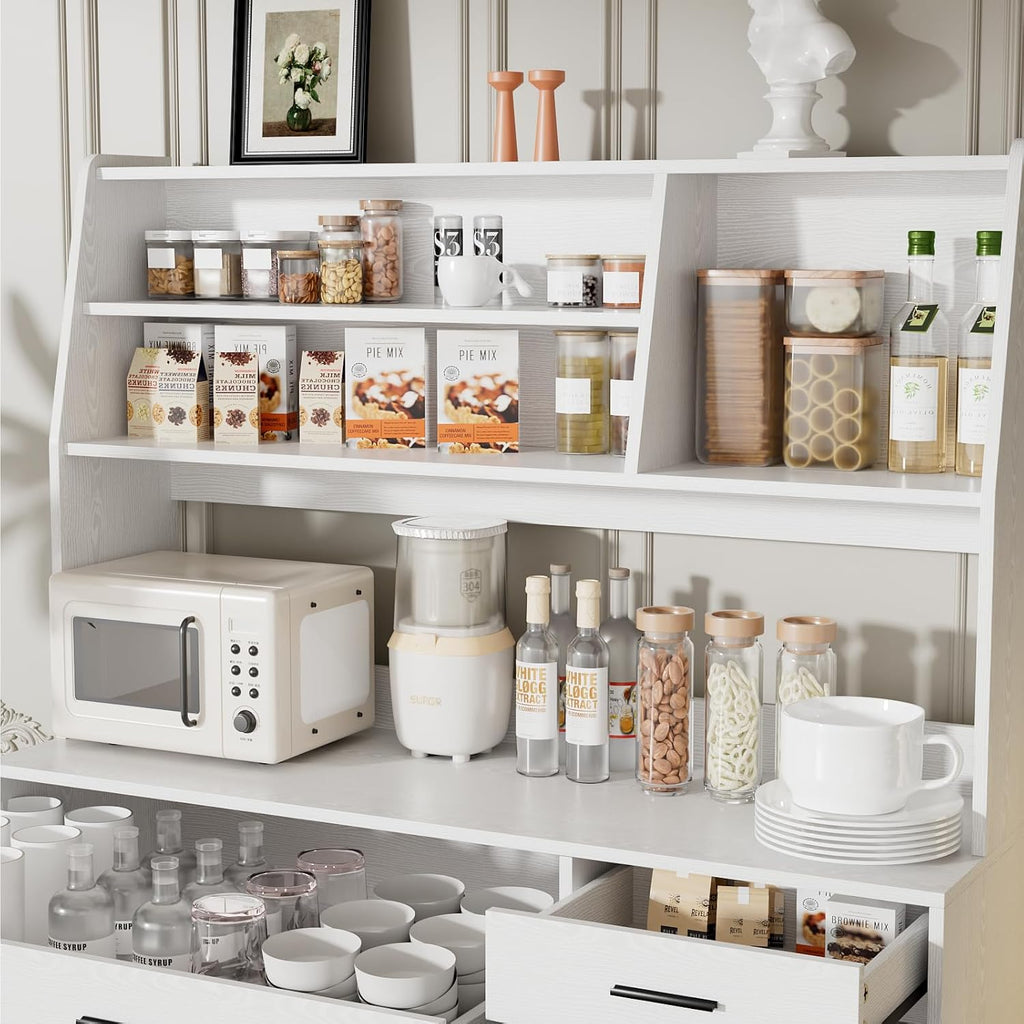 VOWNER Kitchen Hutch Storage Cabinet, Freestanding Kitchen Pantry with 2 Glass Doors and 3 Drawers, Modern Sideboard Buffet Cabinet, Barn Door Coffee Bar Station for Dining Room, Living Room (White)
