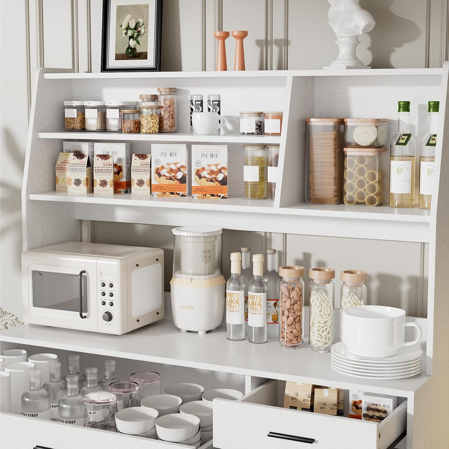 VOWNER Kitchen Hutch Storage Cabinet, Freestanding Kitchen Pantry with 2 Glass Doors and 3 Drawers, Modern Sideboard Buffet Cabinet, Barn Door Coffee Bar Station for Dining Room, Living Room (White)