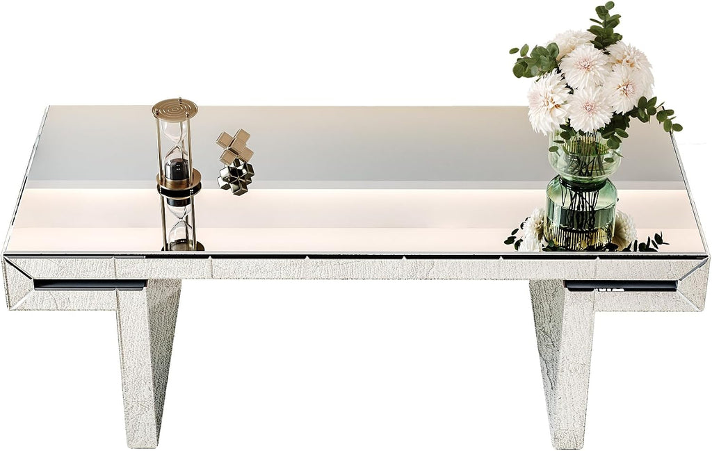 47 Inches Luxury Rectangular Mirror Coffee Table with Tempered Glass, Sofa Side Table, Easy 2 Step Assembly, Light Luxury Style, Reinforced Packaging