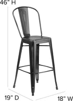 EMMA + OLIVER Commercial Grade 30" H Distressed Black Metal Indoor-Outdoor Barstool w/Back