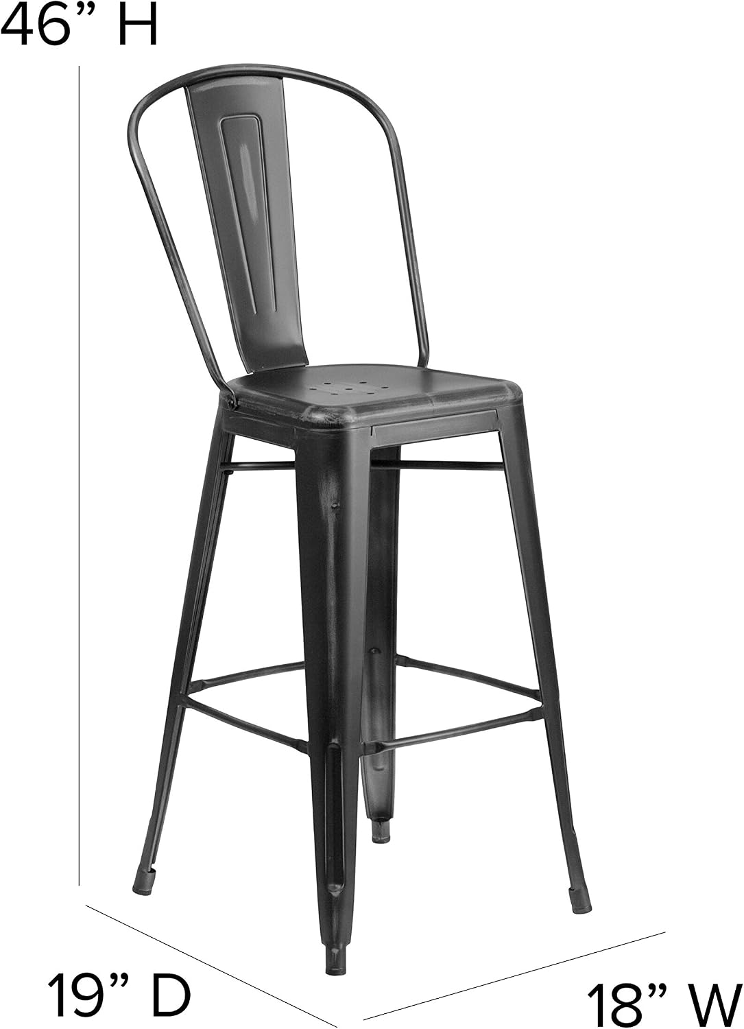 EMMA + OLIVER Commercial Grade 30" H Distressed Black Metal Indoor-Outdoor Barstool w/Back