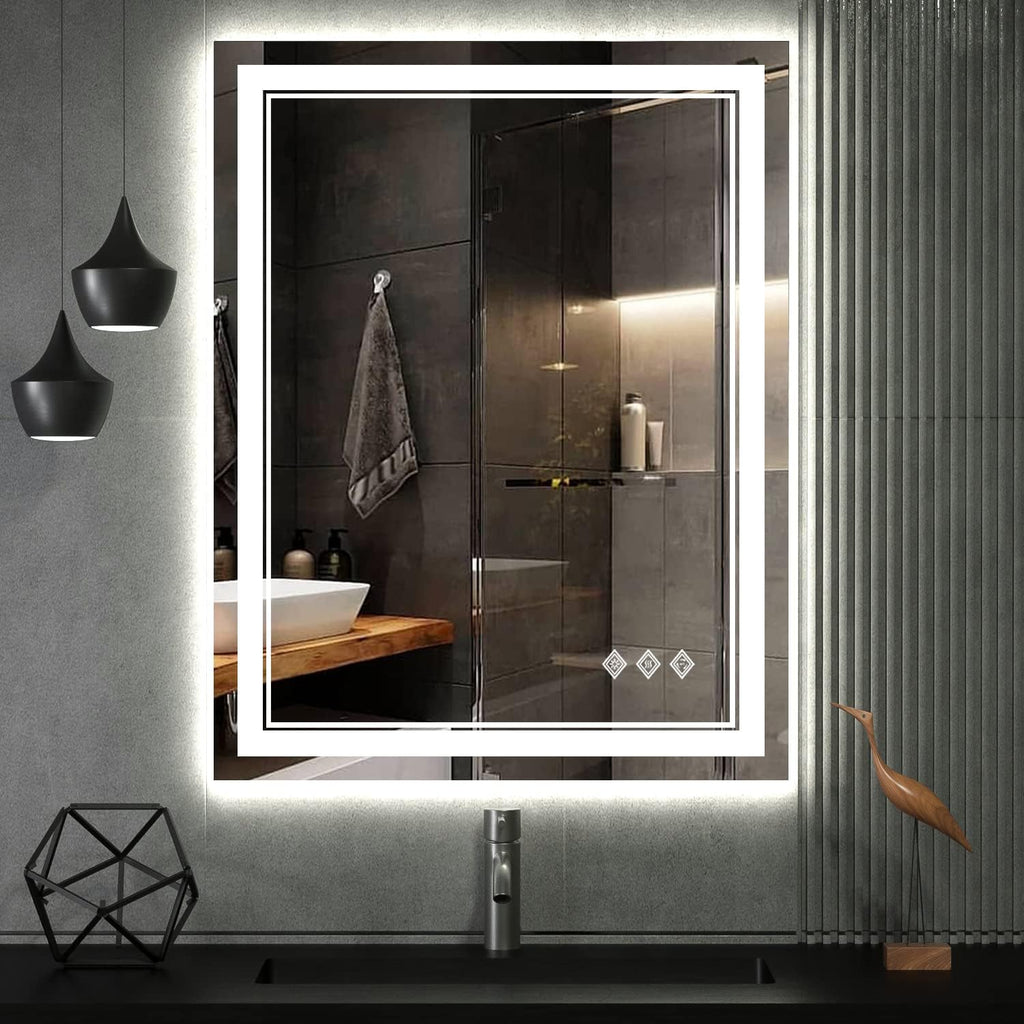 LED Bathroom Mirror, 24x32 Inch Gradient Front and Backlit Vanity Mirror with Lights, 3 Colors Dimmable CRI>90, IP54 Enhanced Anti-Fog, Hanging Plates Bathroom Mirror with Lights